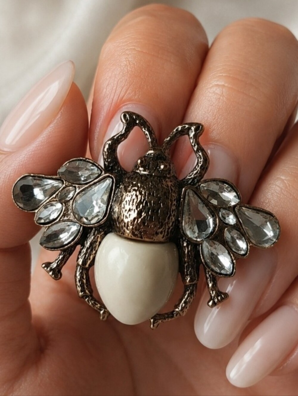 Bee Scarf Clip Dual Ring Brass and Ivory Colored Lucite Rhinestone Adjustable